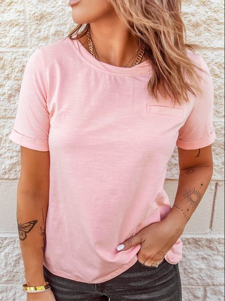 

Short sleeve round neck basic simple leisure vacation versatile fit top T-shirt women Plus Size, Pink, T-Shirts