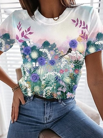 

Floral Cotton Blends Casual Short sleeve Shirts & Tops, White, T-Shirts