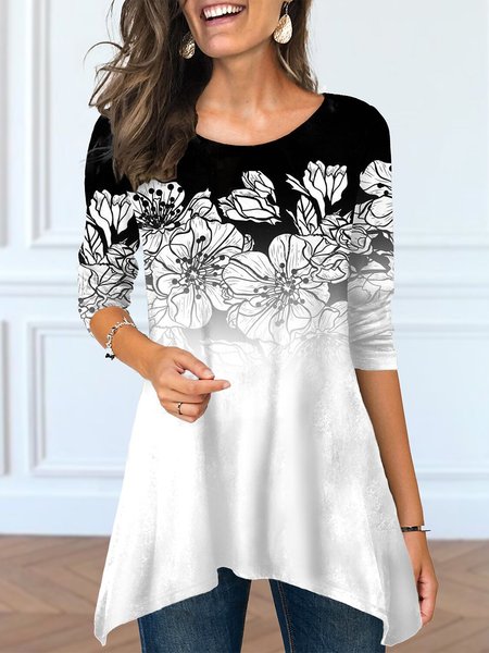 

Irregular Craftsmanship Crew Neck Floral Casual Shirts & Tops, Black-white, Tunics