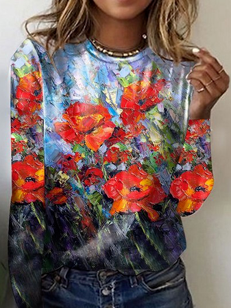 

Crew Neck Casual Floral Shirts & Tops, Multicolor, Long sleeve tops