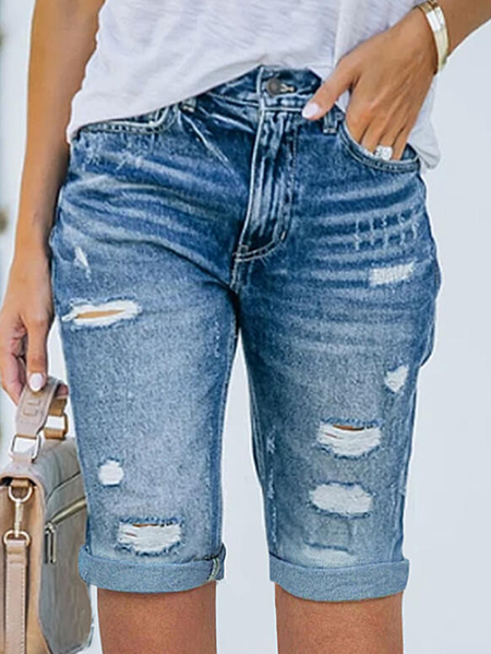 

Mid Waist Solid Pocket Ripped Denim Skinny Shorts Denim & Jeans, Blue, Shorts