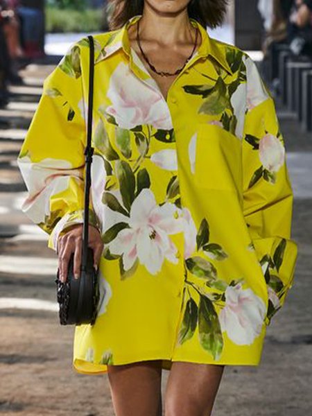

Shirt Collar Casual Floral Printed Dress, Yellow, Mini Dresses