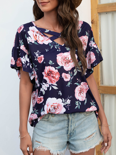 

Casual Floral Cross Front Shirts & Tops, Navy blue, T-Shirts