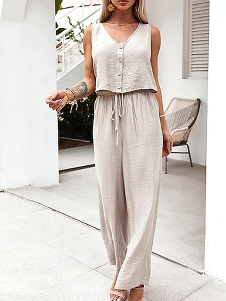 

V Neck Cotton Simple Solid Vacation Suits, Khaki, Suit Set