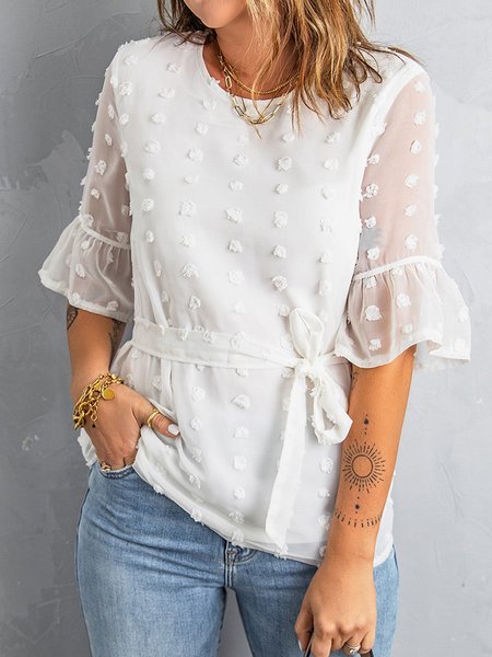 

White Swiss Dot Tie Round Neck Casual Solid Blouse, T-Shirts