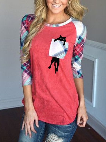 

Plaid Sleeve Stitching Fun Cat Print New Product Spring Casual Ladies Knitted Top, Multicolor, Long sleeve tops