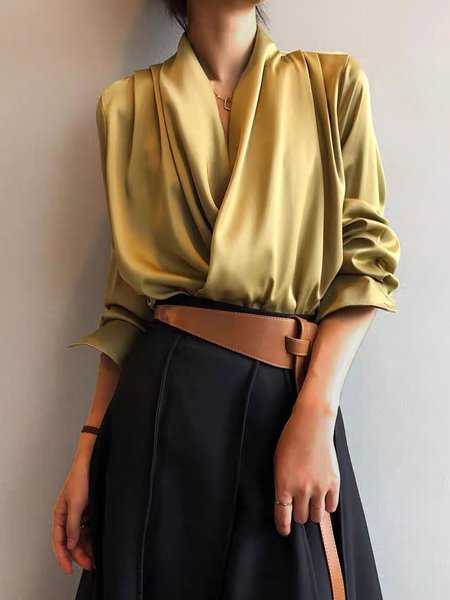 

Loosen Cross Front Plain Work Top, Yellow brown, Tops
