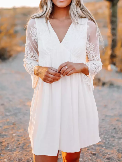 

Lace Casual Solid V Neck Dresses, White, Mini Dresses