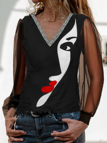

Art Print Sequin V-neck Mesh Sleeve Top Women, Black, Tops