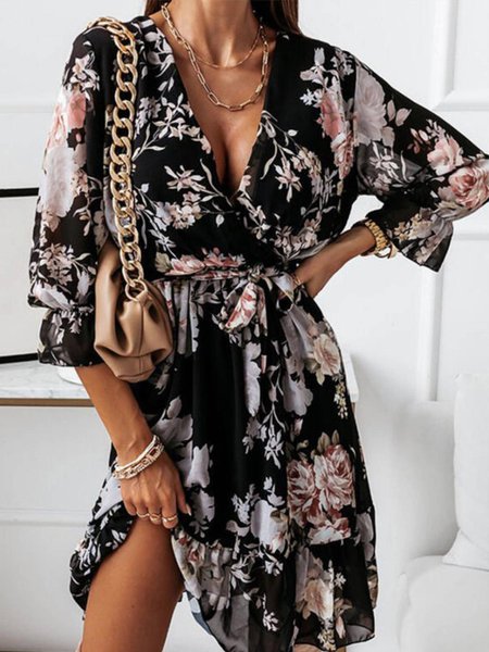

Floral Casual V Neck Dresses, Black, Mini Dresses