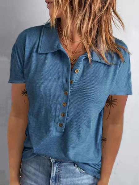 

Lapel Plain Casual Shirts & Tops, Blue, T-Shirts