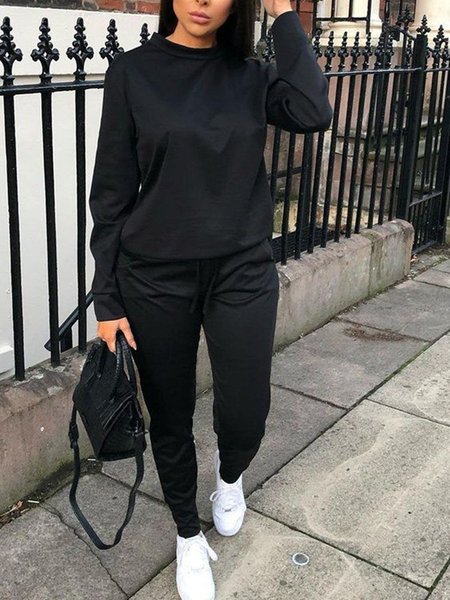 

Long sleeve Casual Crew Neck Top With Pants Suits, Black, Two-piece Outfits