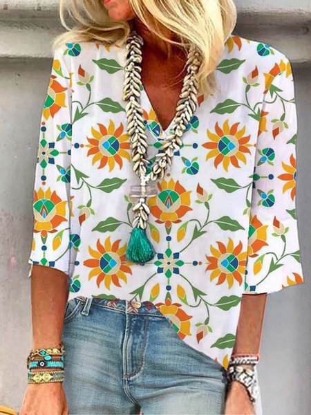 

V Neck Floral Long sleeve Top, White, Blouses & Shirts