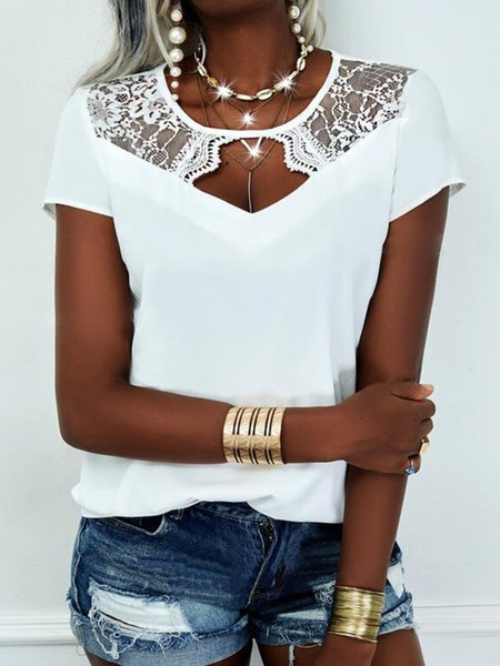 

Casual Lace Short Sleeve Round Neck Plus Size Tops T-shirts, White, T-Shirts