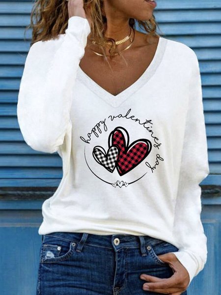 

Letter Heart V Neck Loosen Casual Shirts & Tops, White, T-Shirts
