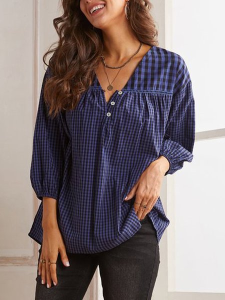 Grid Cotton Blends V Neck Casual Shirts & Tops, Blue, Long sleeve tops