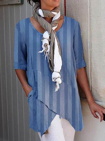

Irregular Craftsmanship Striped Casual Crew Neck Loosen Shirts & Tops, Blue, Tops