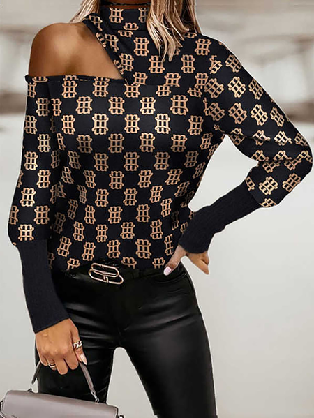 

Regular Fit Geometric Off The Shoulder Shirts & Tops, Brown, Long sleeve tops
