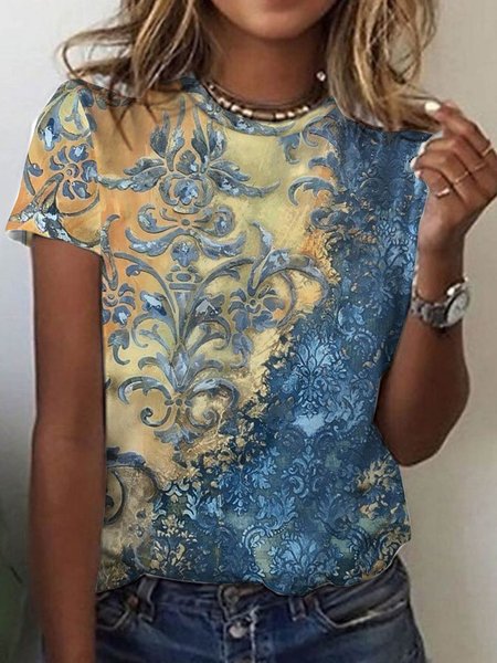 

Short sleeve crew neck geometric flower gradient retro Peris pattern fit Stretch Top T-shirt Plus Size, Blue, T-Shirts