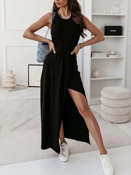 

Casual Sleeveless Round Neck Plus Size Dress, Black, Maxi Dresses