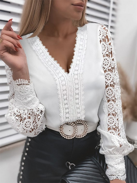 

Lace Plain Long sleeve Casual V Neck Shirts & Tops, White, Tops