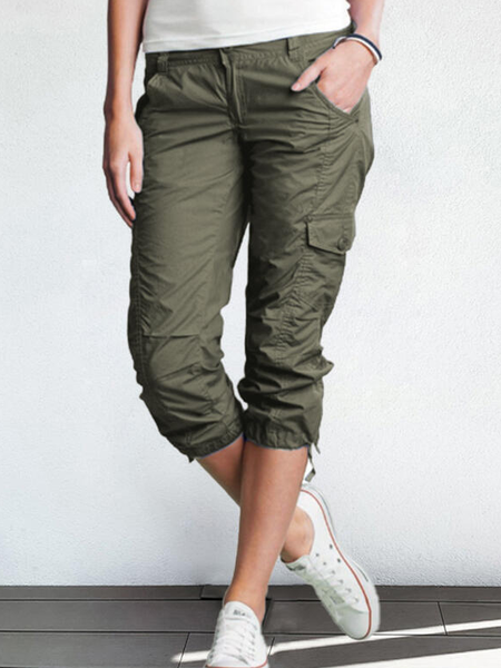 

Mid Waist Solid Pocket Button Skinny Pants Lounge Pants, Army green, Pants