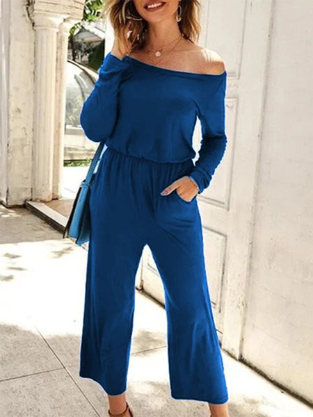 

Plain Long Sleeve Off Shoulder Plus Size Casual Jumpsuits, Blue, Jumpsuits