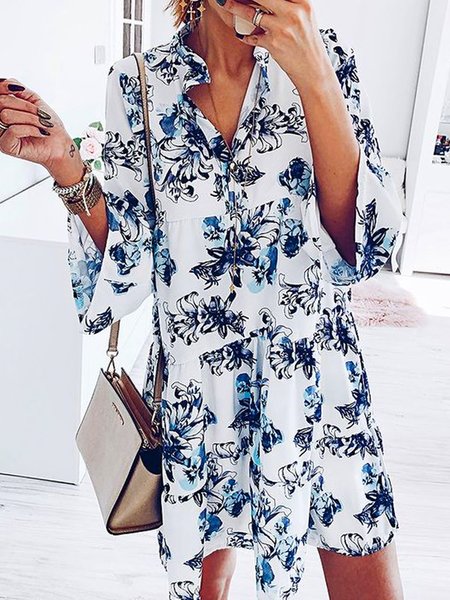 

V Neck Floral Casual Dresses, Blue, Mini Dresses
