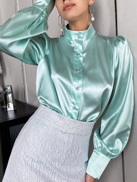 

Stand Collar Solid Elegant Work Shirt, Green, Blouses and Shirts