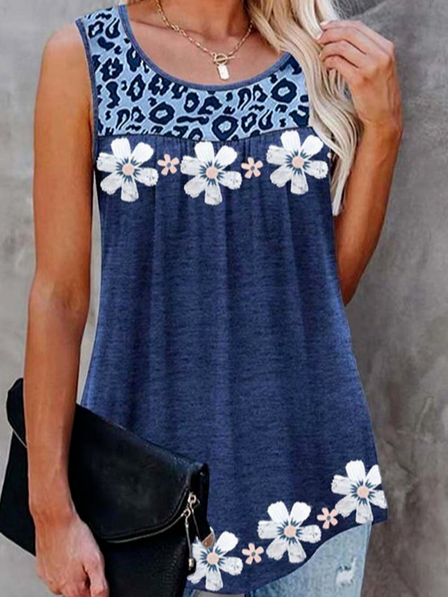 

Floral Casual Cotton Blends Crew Neck Tanks & Camis, Blue, Tank Tops & Camis