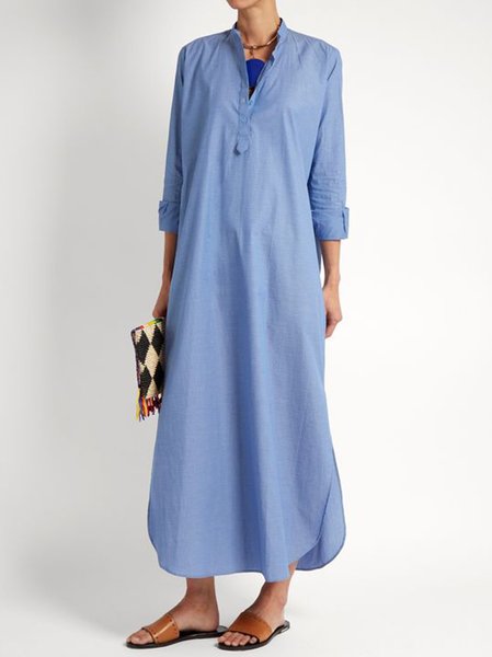

Loosen Buttoned Slit Casual Plain Dresses, Blue, Maxi Dresses