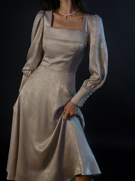 

Elegant Square Neck Bishop Sleeve Midi Dress, Silver gray, Midi Dresses