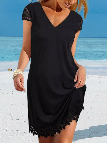 

Vacation Casual Lace Splicing Open Back V-Neck Mini Dresses, Black, Mini Dresses