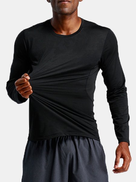 Men's Quick Dry Breathable Stretch Fitness Round Neck Long Sleeve Tee, Black, T-shirt