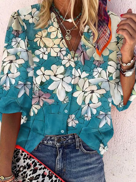 

Medium sleeve V-neck romantic holiday gradient Flower Button Up Shirt Plus Size, Blue, Shirts & Blouses