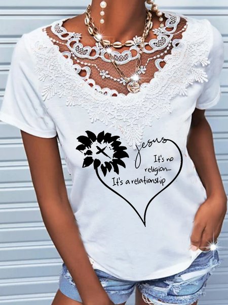 

Short sleeved crew neck plain heart lettered print lace collage top T-shirt Plus Size, White, Tees & T-shirts