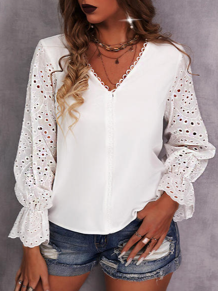 

Casual Cotton Blends Plain Shirts & Tops, White, Long sleeve tops