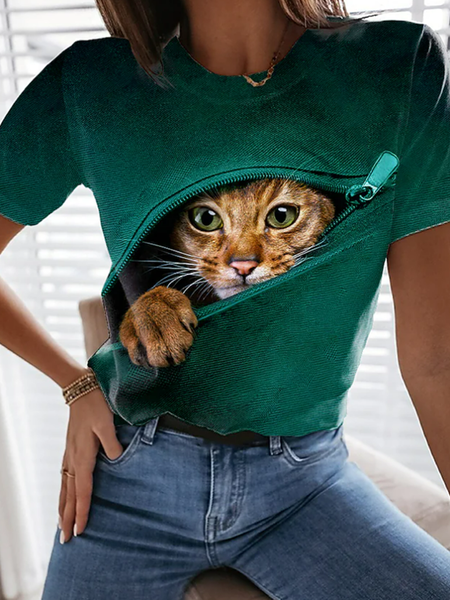 

Short sleeve round neck 3D three-dimensional digital printed cat T-shirt Plus Size, Green, T-Shirts