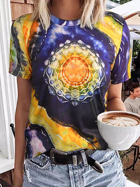 

Tie Dye Geometric Print Round Neck Short Sleeve Casual T-Shirts, Blue, T-Shirts