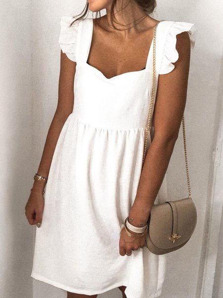 

Solid Color Square Collar Casual Sleeveless Dresses, White, Casual Dresses