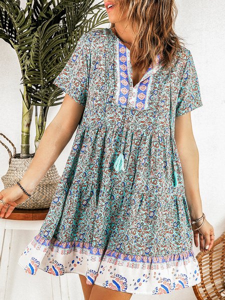 

V Neck Floral Loosen Dresses, Multicolor, Mini Dresses