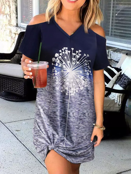 

Dandelion Print Cold Shoulder V-Neck Holiday Casual Mini Dresses, Black, Mini Dresses