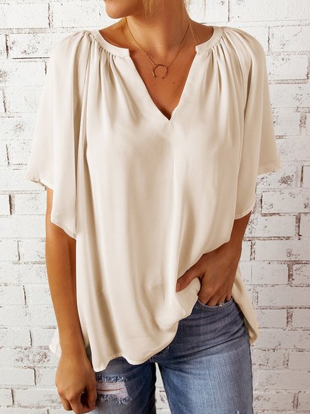 

Casual Solid V-neck Ruffle Sleeve Shirts & Tops, Apricot, T-Shirts