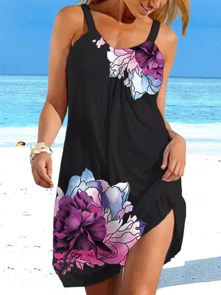 

Vacation Casual Floral Print Spaghetti Strap Sleeveless Mini Dresses, Black, Floral Dresses