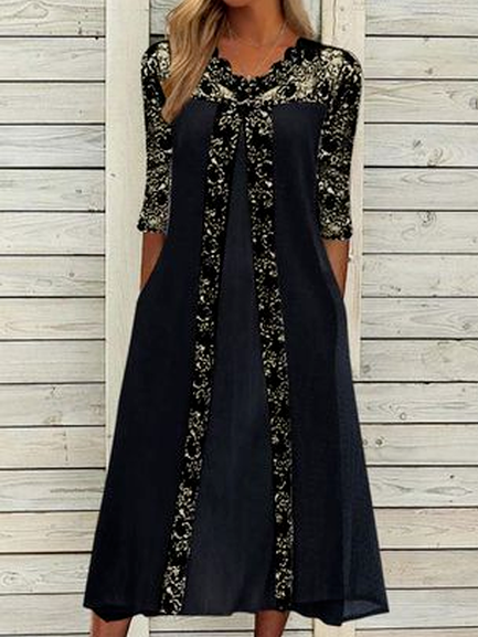 

Floral V Neck Cotton Blends Casual Dresses, Black, Casual Dresses