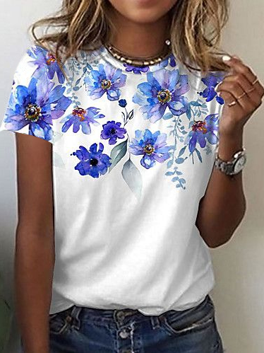 

Floral Vacation Cotton Blends Shirts & Tops, White, T-Shirts
