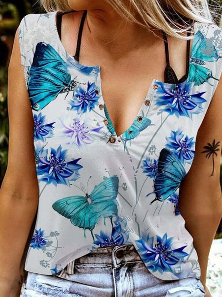 

Short sleeve V-neck geometric flower butterfly print elastic holiday vest Plus Size, Blue, Tanks & Camis