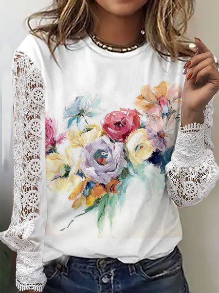 

Long sleeved crew neck geometric floral print plain stitched Lace Applique top loose vacation T-shirt Plus Size, White, Long sleeve tops