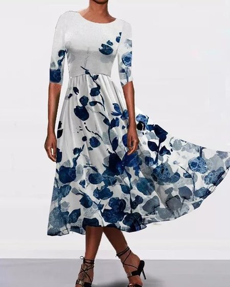 

Floral Printed Crew Neck Casual Dresses, Blue, Midi Dresses