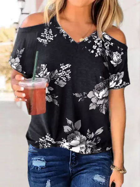 

Casual Vacation V Neck Floral Cold Shoulder T-Shirts, Black, T-Shirts